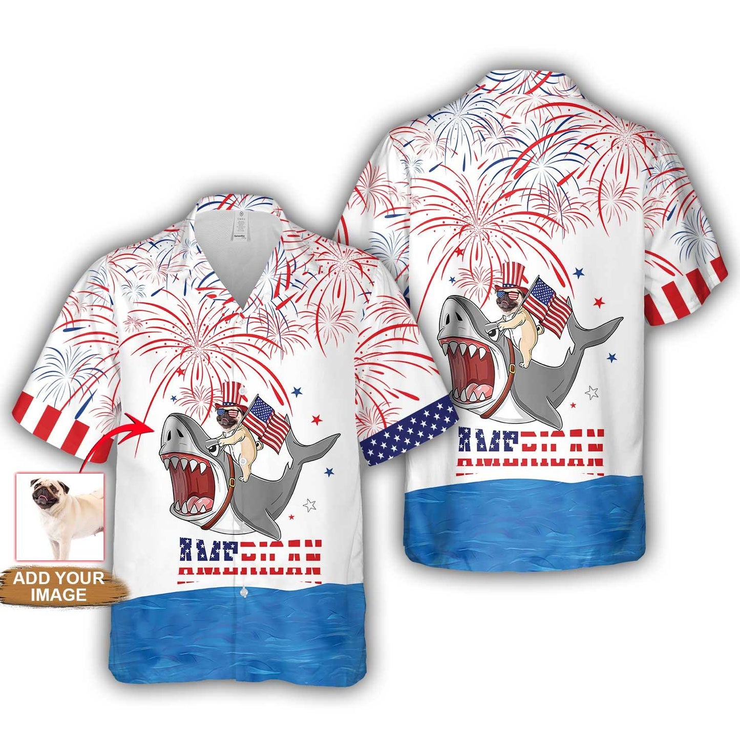 Pug Hawaiian Shirt Custom Photo For 4th Of July , Puppy Riding Shark With American Flag Firework Personalized Hawaiian Shirt - Gift for Independence Day - Amzanimalsgift
