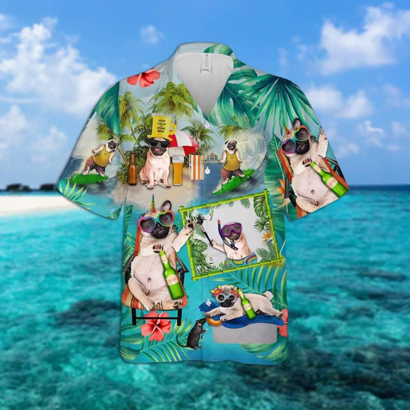 Pug Hawaiian Shirt, Cute Pug, Pug Surfing On Beach Hawaiian Shirt For Men - Perfect Gift For Pug Lovers, Husband, Boyfriend, Friend, Family - Amzanimalsgift