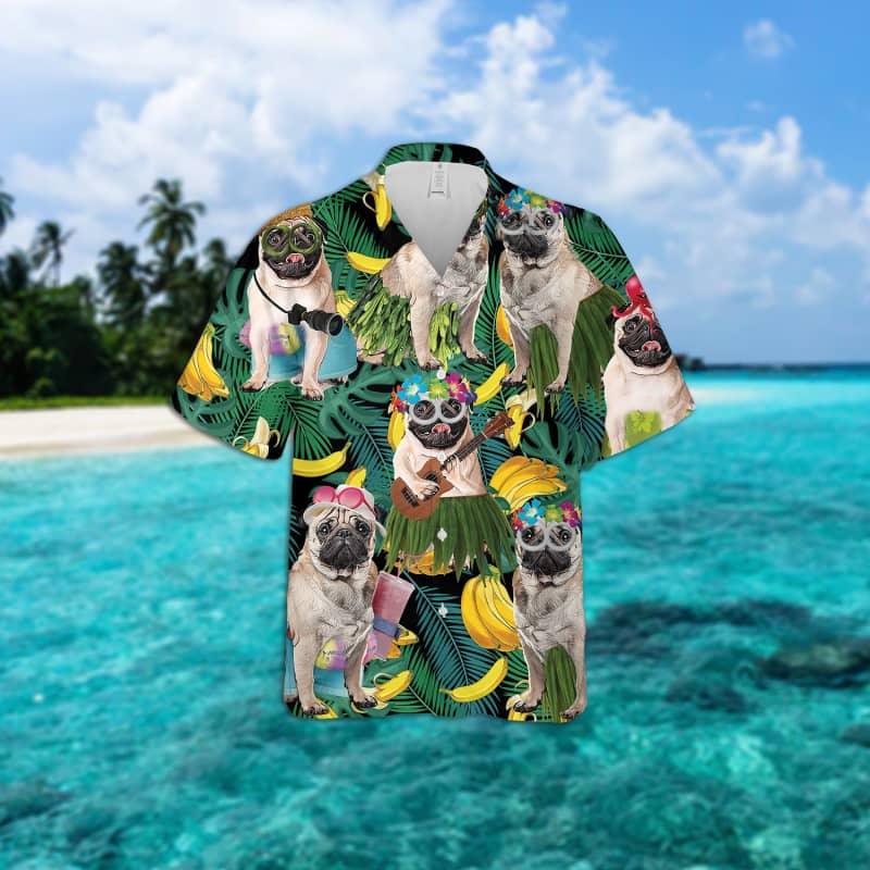 Pug Hawaiian Shirt, Tropical Summer Leaves Hawaiian Shirt For Men - Perfect Gift For Pug Lovers, Husband, Boyfriend, Friend, Family - Amzanimalsgift
