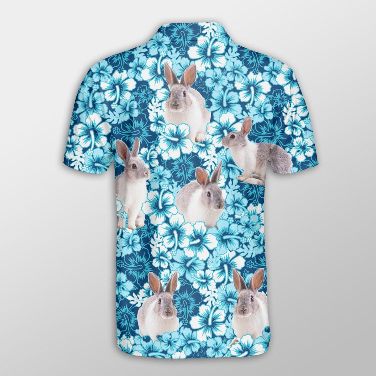 Rabbit Men Polo Shirts For Summer - Rabbit Blue Hibiscus Pattern Button Shirts For Men - Perfect Gift For Rabbit Lovers, Cattle Lovers - Amzanimalsgift