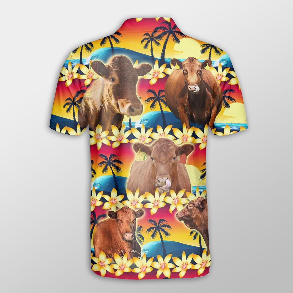Red Angus Men Polo Shirts For Summer - Red Angus Beach Sunset Pattern Shirts For Men - Perfect Gift For Red Angus Lovers, Cattle Lovers - Amzanimalsgift