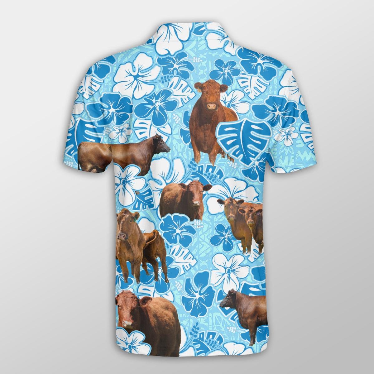 Red Angus Men Polo Shirts For Summer - Red Angus Blue Floral Pattern Button Shirts For Men - Perfect Gift For Red Angus Lovers, Cattle Lovers - Amzanimalsgift