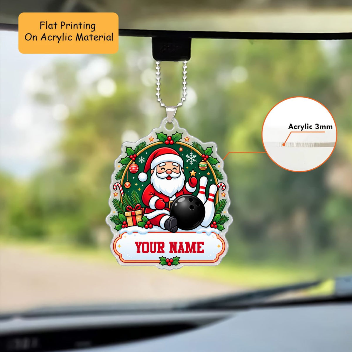 Personalized Bowling Christmas Ornament, Cute Santa With Ball And Pins, Custom Ornament Christmas Gift, Keychain Bowling, Car Ornament Bowling