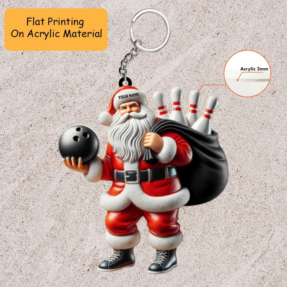 Personalized Bowling Santa Acrylic Ornament, Bowling Christmas Keychain, Car Ornament, Christmas Ornament Gifts