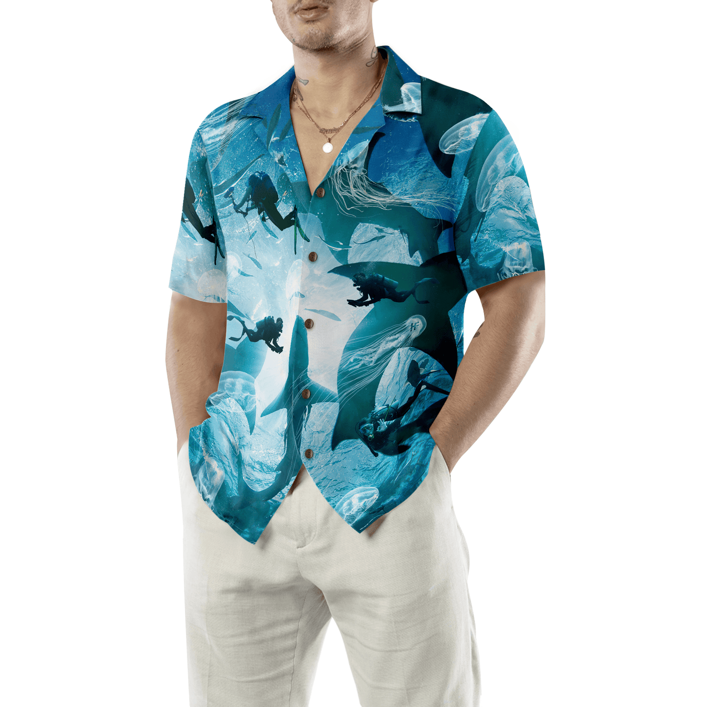 Scuba Diving With Sharks Hawaiian Shirt, Colorful Summer Aloha Shirt For Men Women, Gift For Friend, Team, Diving Lovers - Amzanimalsgift