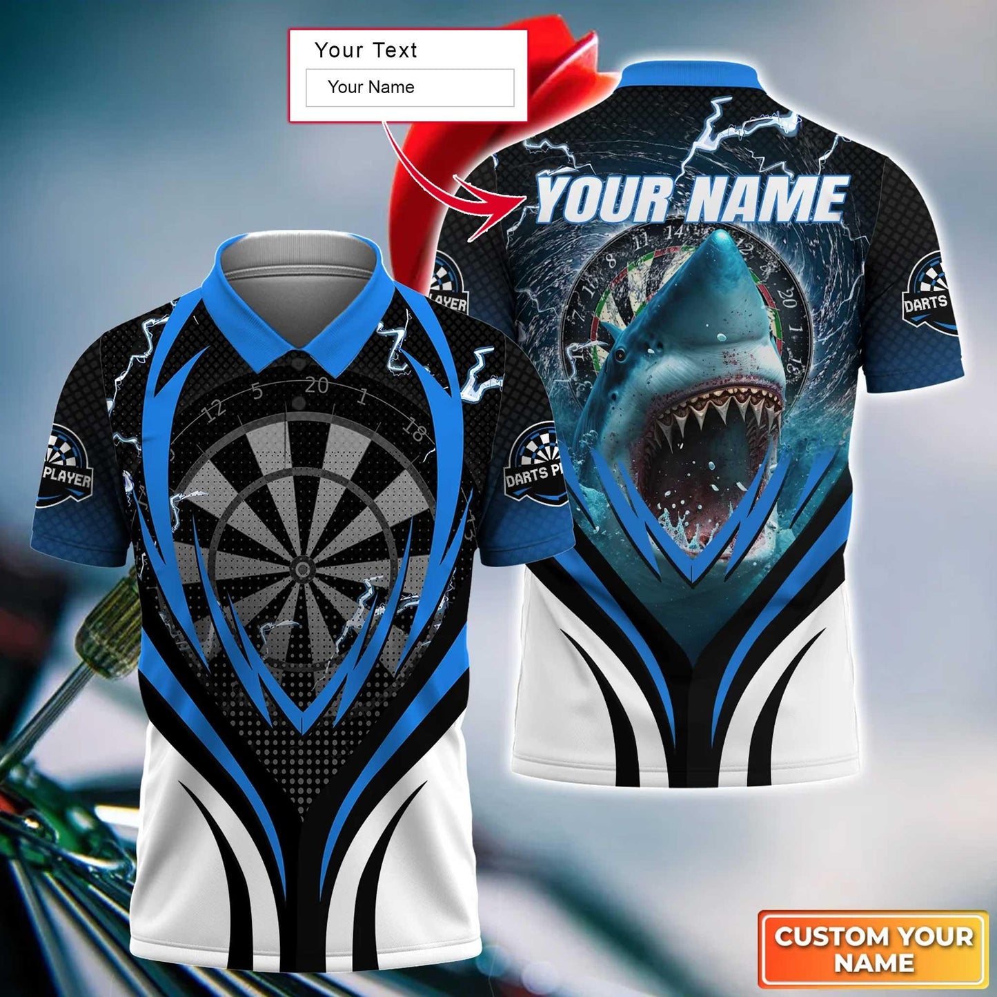 Shark And Darts Custom Name Men Polo Shirt, Bullseye Dartboard Personalized Men Polo Shirt Gift For Darts Lovers, Friend, Team Players - Amzanimalsgift