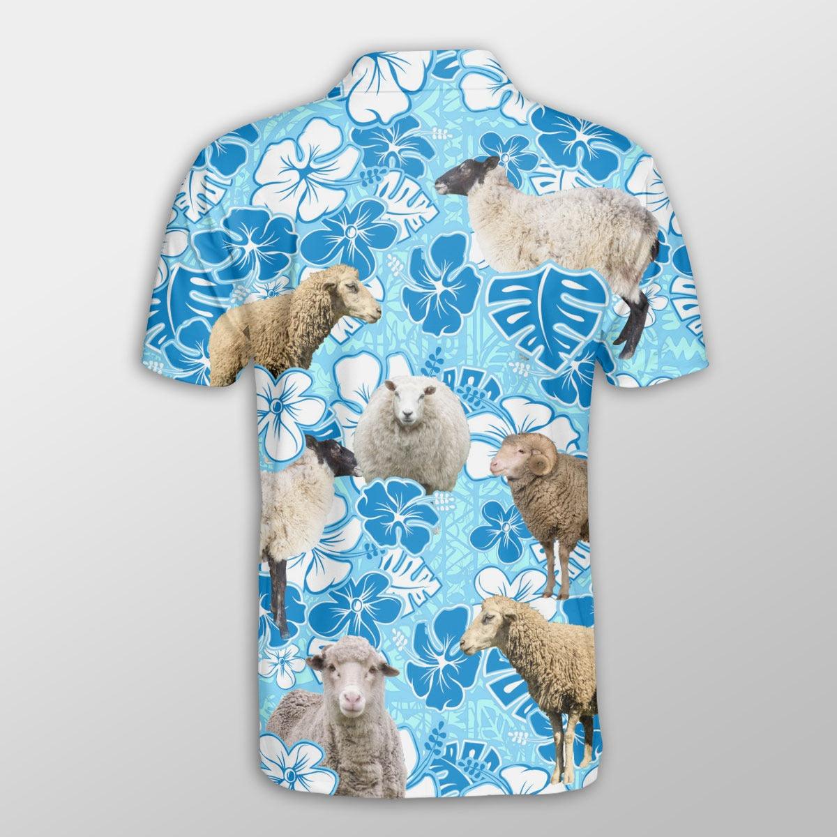 Sheep Men Polo Shirts For Summer - Sheep Blue Floral Pattern Button Shirts For Men - Perfect Gift For Sheep Lovers, Cattle Lovers - Amzanimalsgift