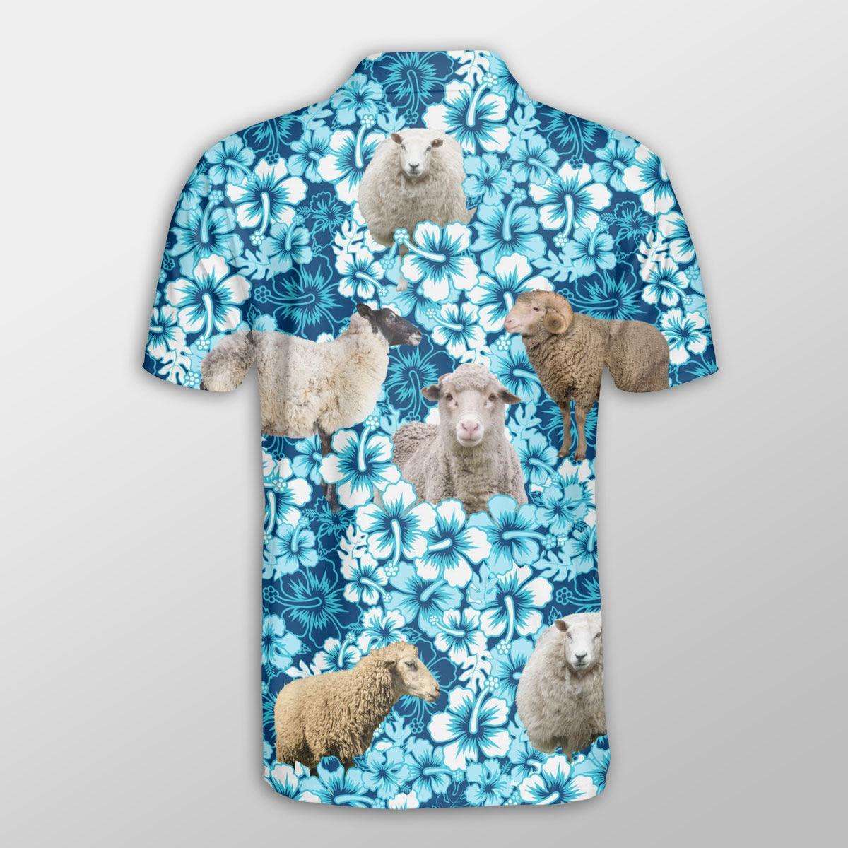 Sheep Men Polo Shirts For Summer - Sheep Blue Hibiscus Pattern Button Shirts For Men - Perfect Gift For Sheep Lovers, Cattle Lovers - Amzanimalsgift