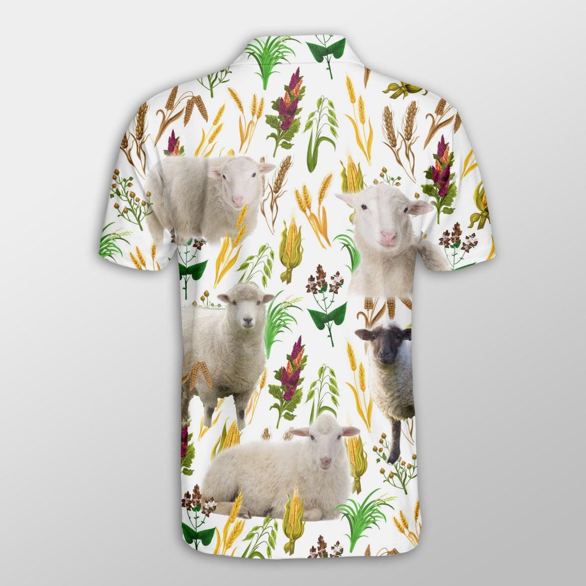 Sheep Men Polo Shirts For Summer - Sheep Farm Wheat Pattern Button Shirts For Men - Perfect Gift For Sheep Lovers, Cattle Lovers - Amzanimalsgift