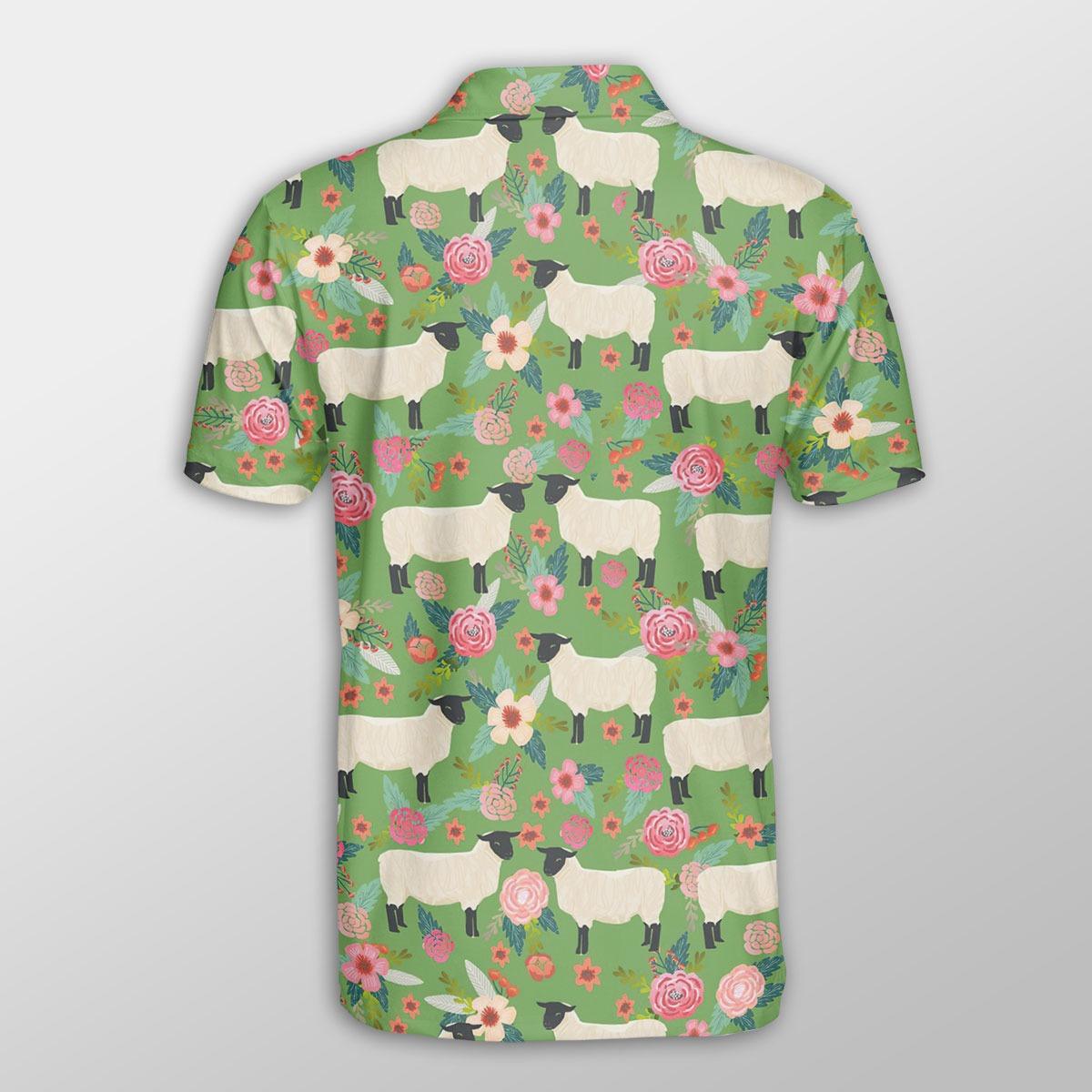 Sheep Men Polo Shirts For Summer - Sheep Floral Green Pattern Shirts For Men - Perfect Gift For Sheep Lovers, Cattle Lovers - Amzanimalsgift