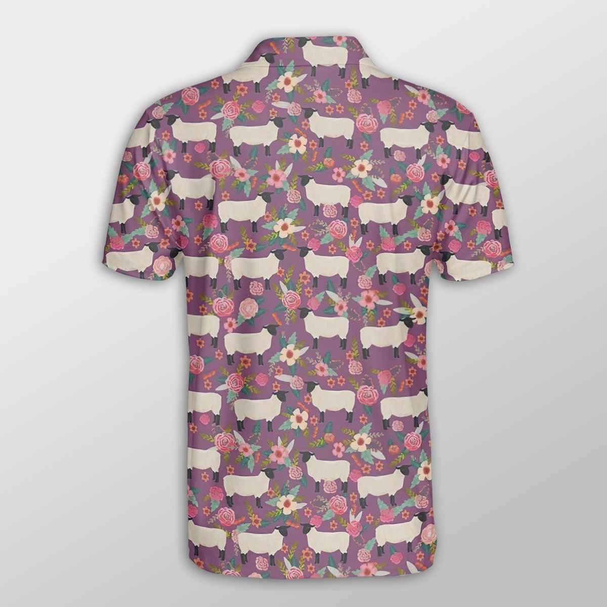 Sheep Men Polo Shirts For Summer - Sheep Floral Purple Pattern Shirts For Men - Perfect Gift For Sheep Lovers, Cattle Lovers - Amzanimalsgift