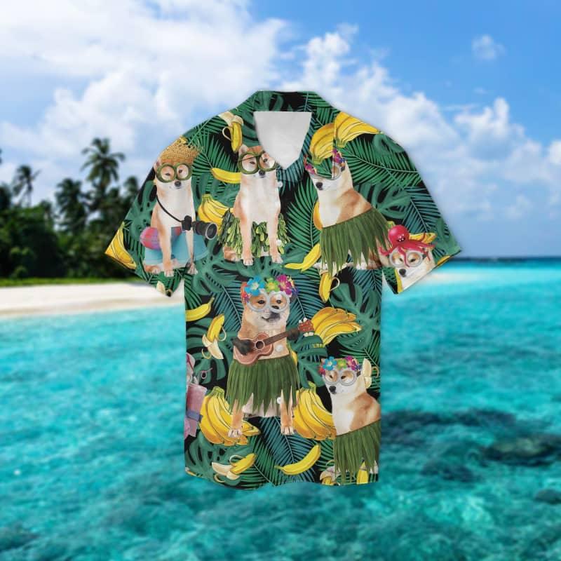 Shiba Inu Hawaiian Shirt, Tropical Summer Leaves Hawaiian Shirt For Men - Perfect Gift For Shiba Inu Lovers, Husband, Boyfriend, Friend, Family - Amzanimalsgift