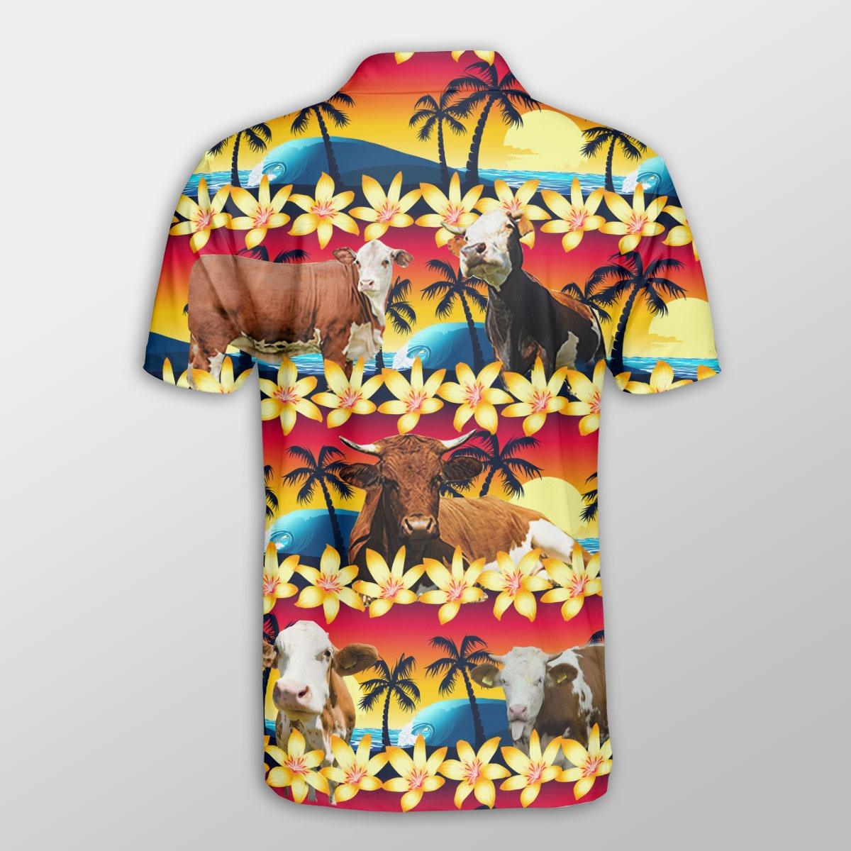 Simmental Men Polo Shirts For Summer - Simmental Beach Sunset Pattern Button Shirts For Men - Perfect Gift For Simmental Lovers, Cattle Lovers - Amzanimalsgift