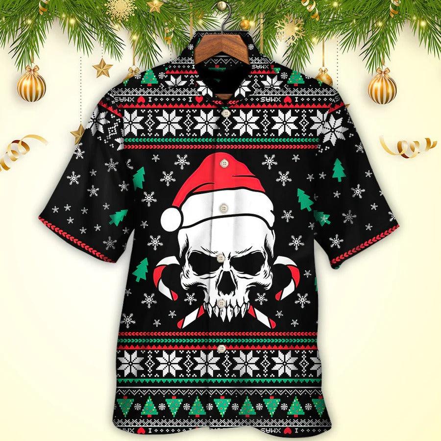 Skull Aloha Hawaiian Shirt For Summer - Christmas Skull Wearing Santa Claus Hat And Sweat Candy Hawaiian Shirt - Perfect Gift For Men, Women, Skull Lover - Amzanimalsgift