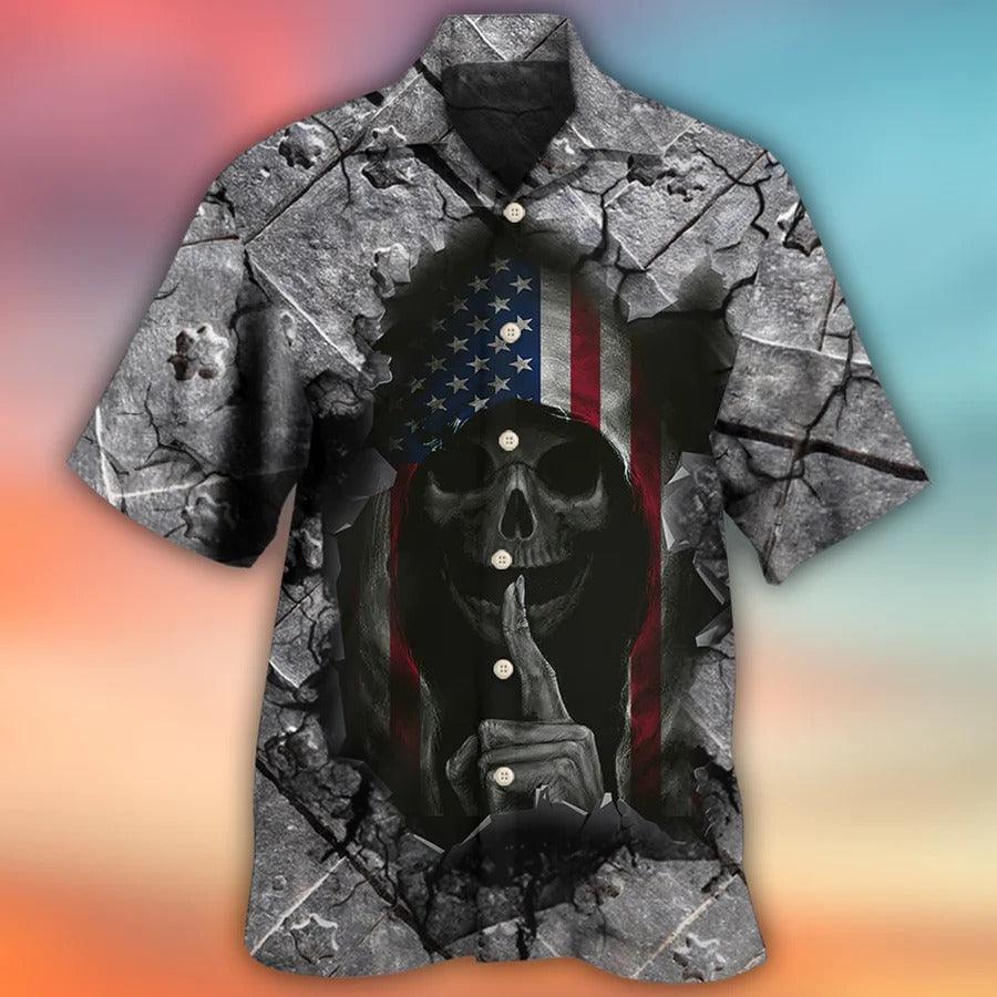Skull Aloha Hawaiian Shirt For Summer - Skull Dark American Flag Strong Wrought Iron Hawaiian Shirt - Perfect Gift For Men, Women, Skull Lover - Amzanimalsgift