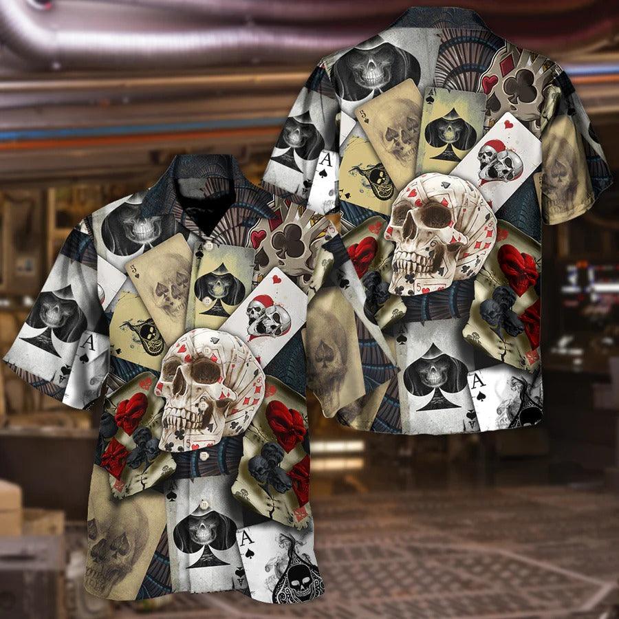 Skull Aloha Hawaiian Shirt For Summer - Skull Gambling Card Retro Art Hawaiian Shirt - Perfect Gift For Men, Women, Skull Lover - Amzanimalsgift