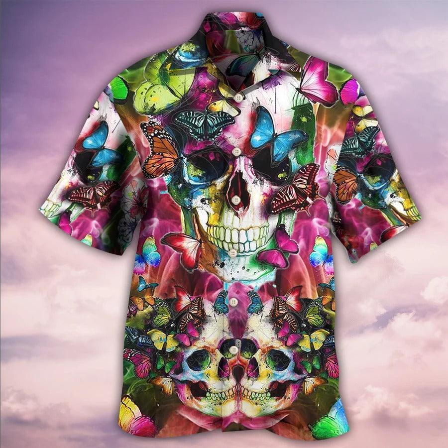 Skull Aloha Hawaiian Shirt For Summer - Skull Love Life Cool Floral, Butterfly Hawaiian Shirt - Perfect Gift For Men, Women, Skull Lover - Amzanimalsgift