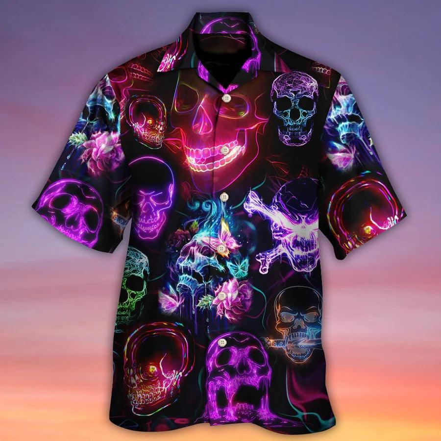 Skull Aloha Hawaiian Shirt For Summer - Skull Neon Art Happy Holiday Hawaiian Shirt - Perfect Gift For Men, Women, Skull Lover - Amzanimalsgift