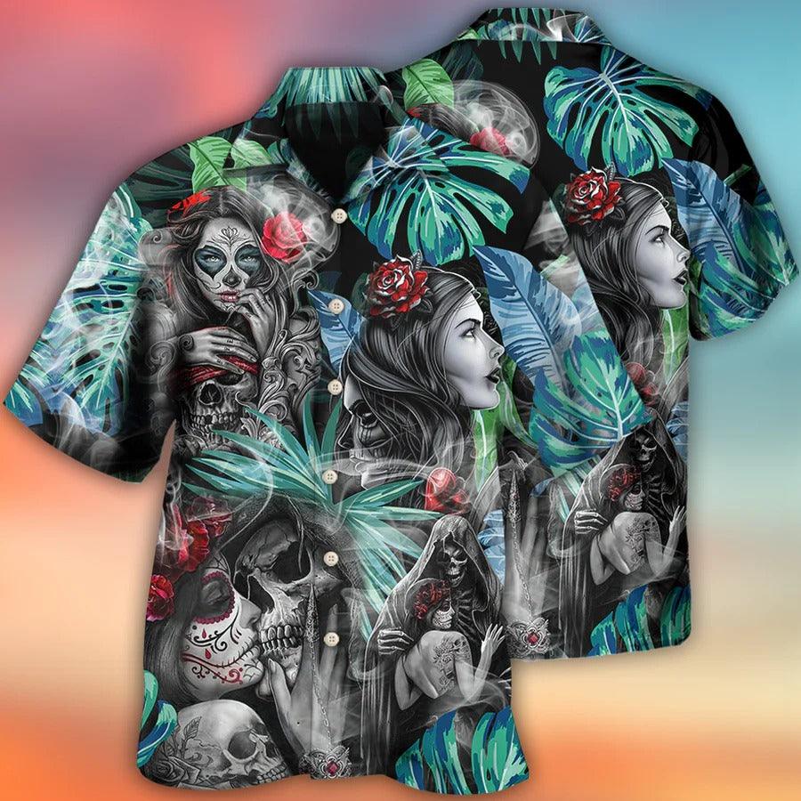 Skull Aloha Hawaiian Shirt For Summer - Skull Tropical White Smoke Red Flower Hawaiian Shirt - Perfect Gift For Men, Women, Skull Lover - Amzanimalsgift