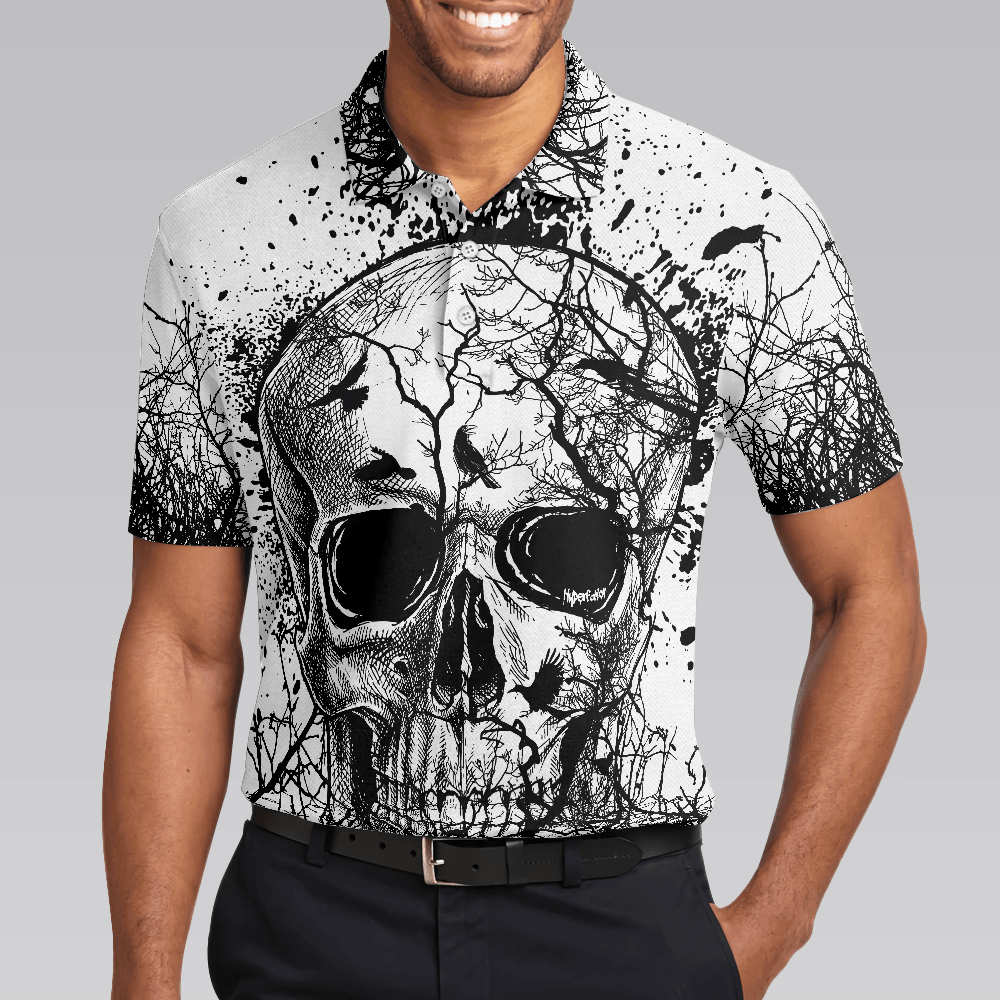 Skull Crow Black And White Short Sleeve Polo Shirt, Dark Forest Skull Crow Shirt For Men, Best Polo Shirt For Halloween - Perfect Gift For Men - Amzanimalsgift