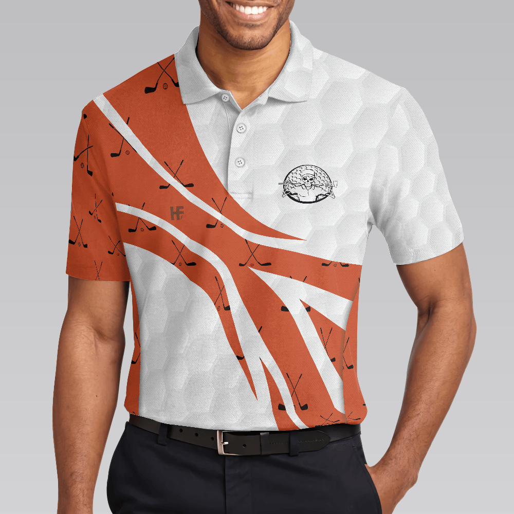 Skull Golfer Seamless Pattern Golf Polo Shirt, White And Orange Golf Shirt For Men, Cool Gift For Golfers - Perfect Gift For Men - Amzanimalsgift
