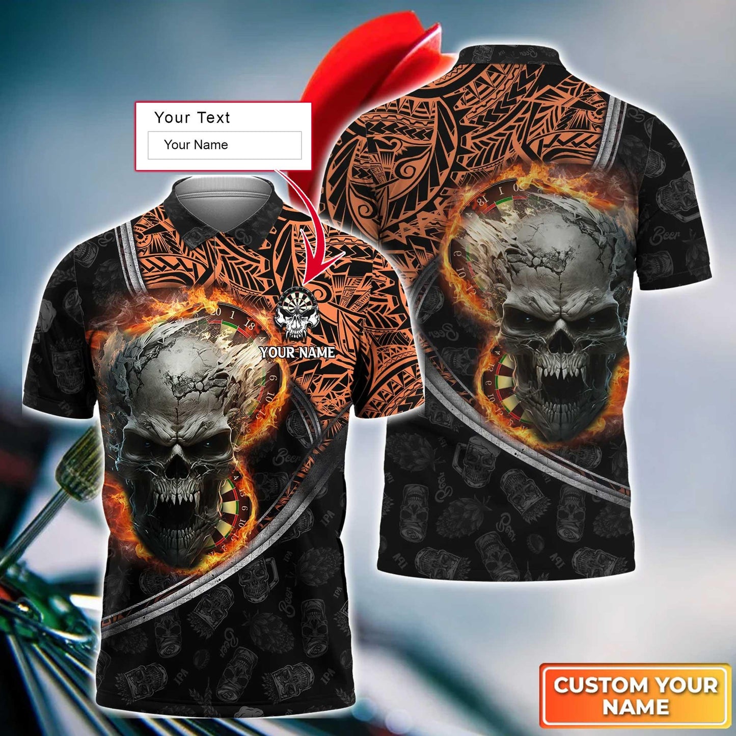 Skull Maori Tattoo And Darts Custom Name Men Polo Shirt, Flame Bullseye Dartboard Personalized Men Polo Shirt Gift For Darts Lovers, Friends - Amzanimalsgift