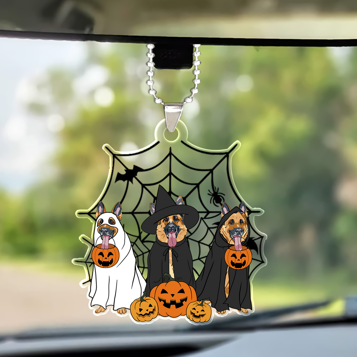 Spooky Ghost And Witch German Shepherd Dog Acrylic Halloween Keychain, Spooky Decoration For Dog Mom, Dog Dad