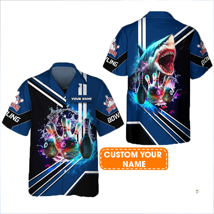 Bowling Hawaiian Shirt Custom Name - Shark Team Rainbow Bowling Ball And Pins On Water Personalized Aloha Hawaiian Shirt - Gift For Friend, Family, Bowling Lovers