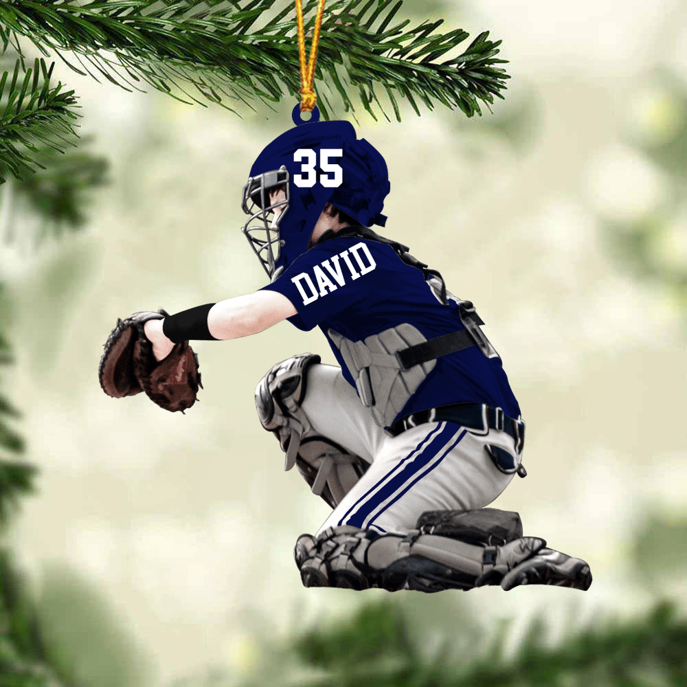 Custom Baseball Acrylic Ornament, Personalized Baseball Kid Catcher Acrylic Ornament For Baseball Lover, Christmas, Family