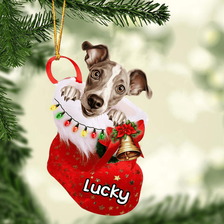 Custom Dog Christmas Car Ornament, Personalized Italian Greyhound In Stocking Christmas Car Ornament for Dog Lover, New Year