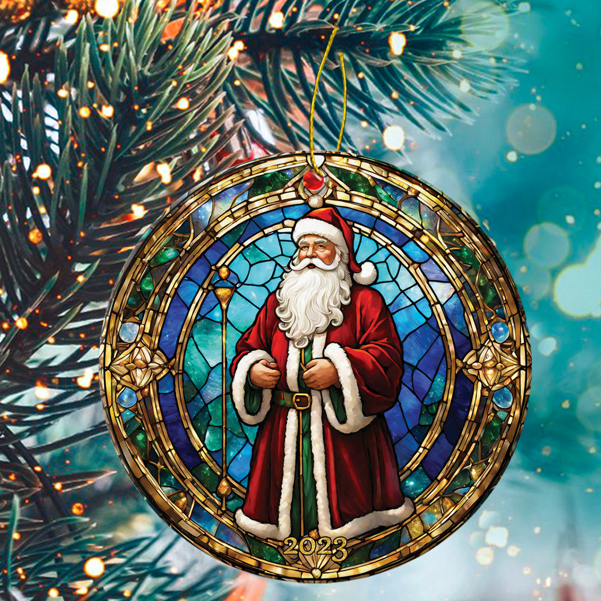 Santa Claus Ceramic Christmas Ornament - Santa Claus Stained Glass Circle Ceramic Ornament, Perfect Gift For Christmas