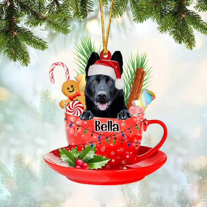 Custom Dog Christmas Car Ornament, Personalized Black German Shepherd In Red Cup Car Ornament for Dog Lover, Christmas, New Year