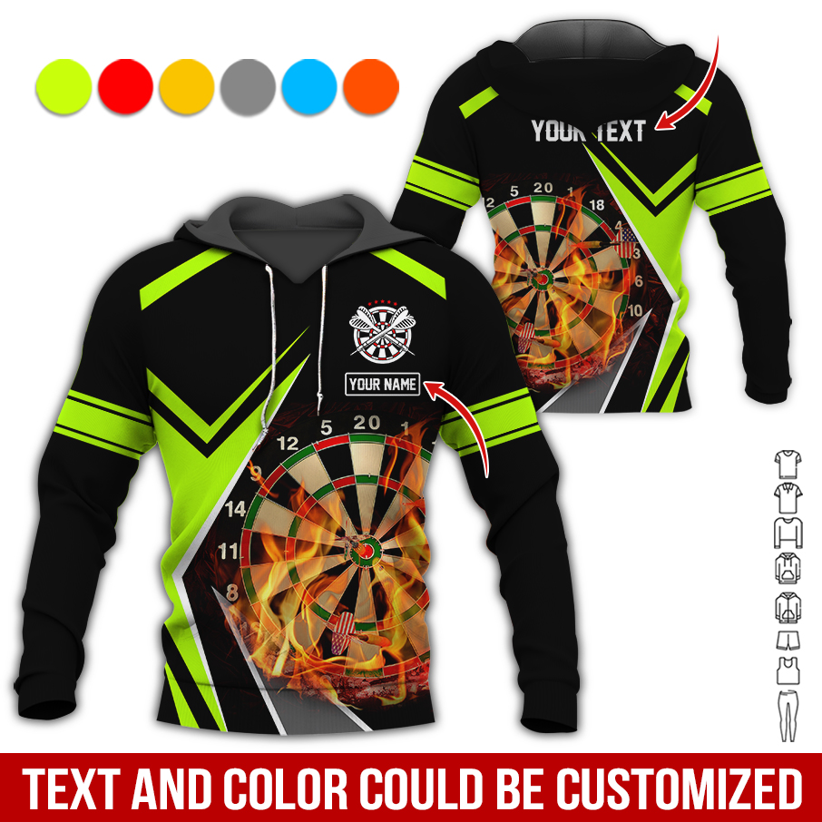 Customized Name & Text Darts Premium Hoodie, Personalized Color Flaming Dartboards Hoodie, Perfect Gift For Darts Lovers, Darts Player