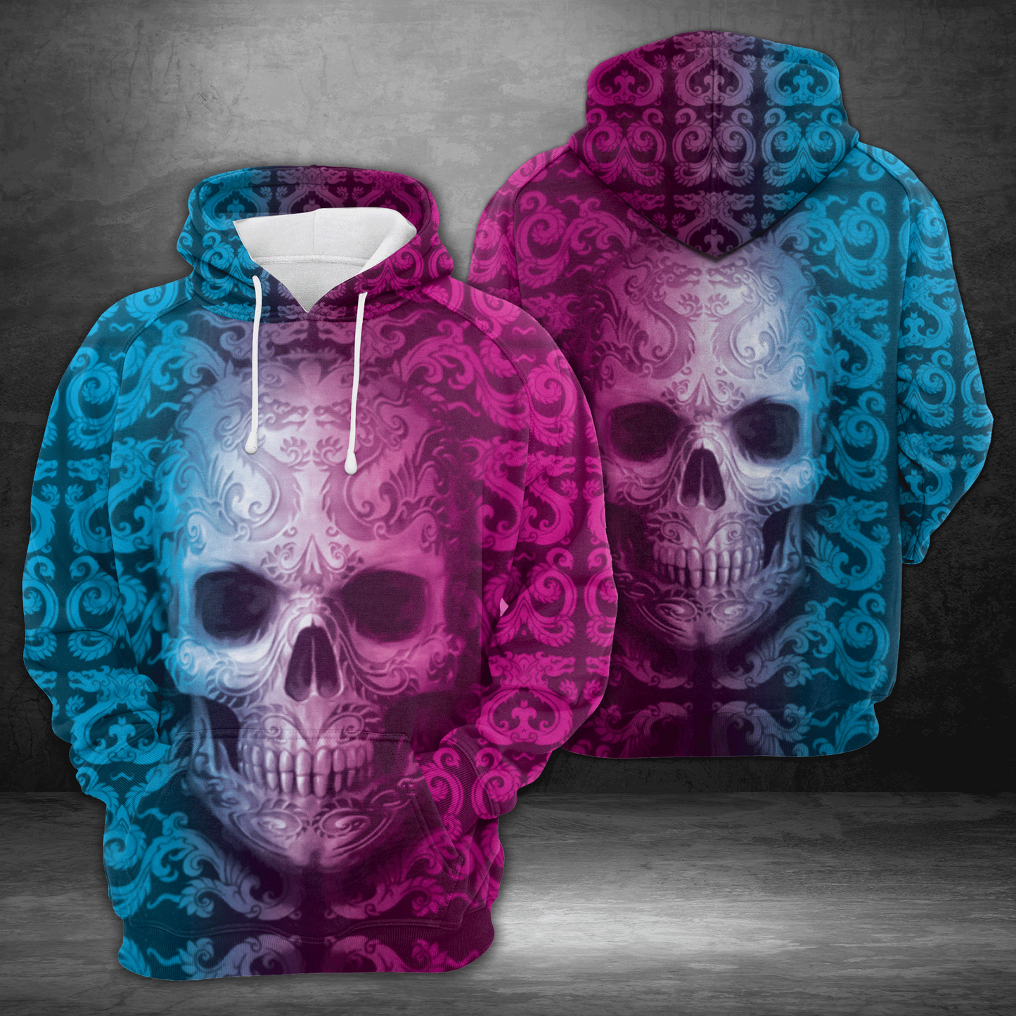 Blue & Pink Skull Pullover Premium Hoodie, Perfect Outfit For Men And Women On Christmas New Year Autumn Winter