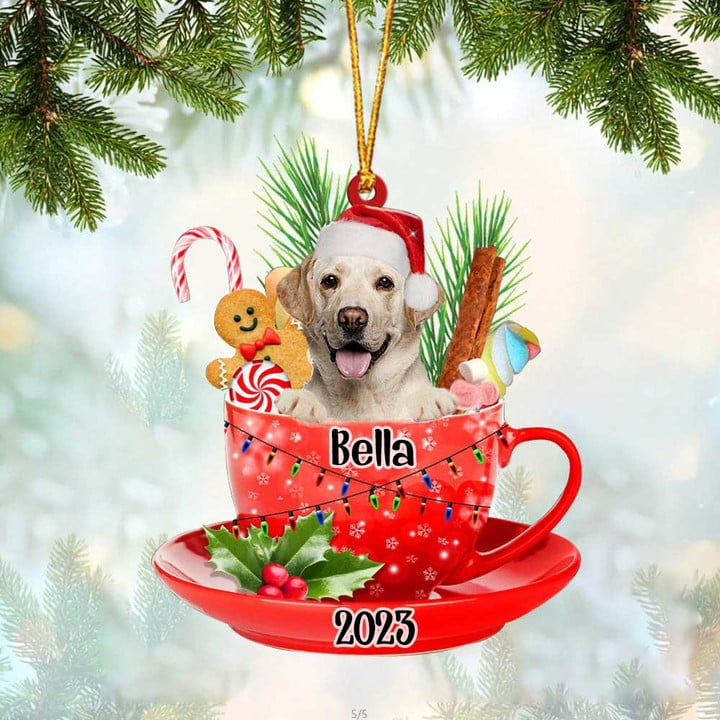 Custom Dog Acrylic Christmas Ornament, Personalized Smiling Labrador In Red Cup Acrylic Ornament for Dog Lover, Christmas, New Year