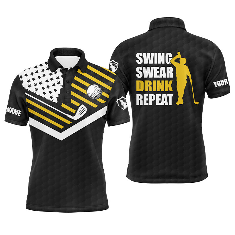 Custom Golf Long Sleeve Men Polo Shirt, Custom Name Black American Flag Swing Swear Drink Repeat Men Golf Polo Shirt For Golf Lover