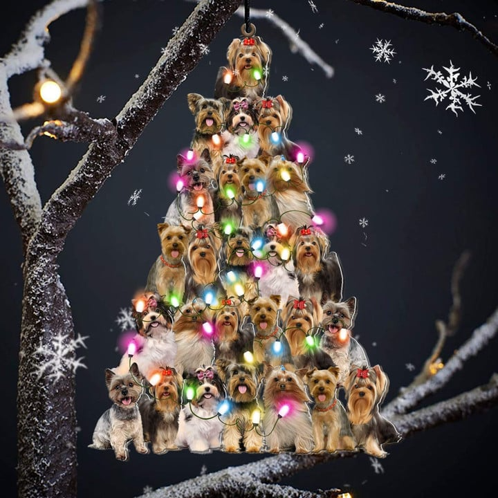 Custom Dog Acrylic Christmas Ornament, Personalized Yorkshire Terrier Christmas Tree Shaped Acrylic Ornament for Dog Lover, New Year