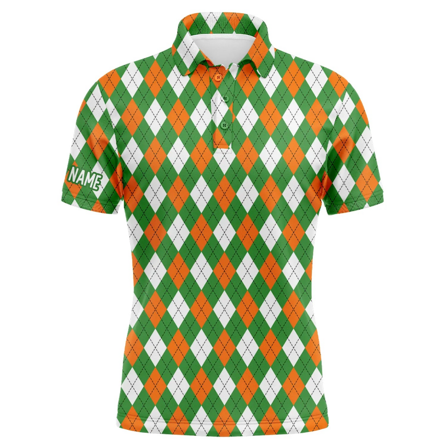 Custom Golf Long Sleeve Men Polo Shirt- St Patrick's Day White Green Orange Argyle Plaid Pattern Custom Name Apparel- Personalized Gift For Golf Lover