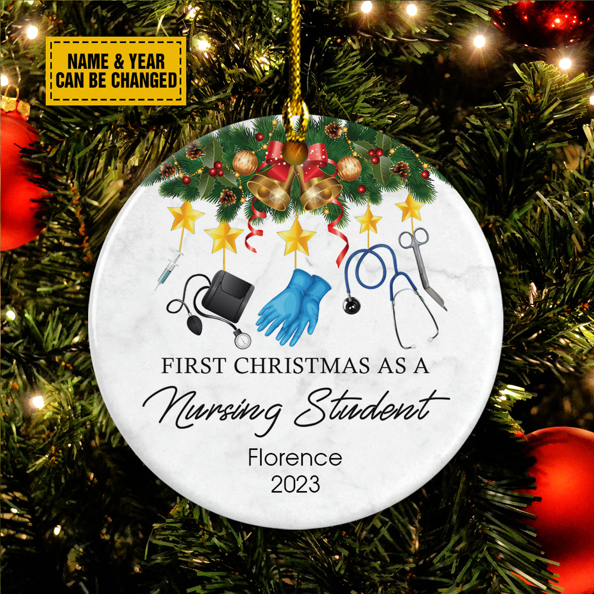 Personalize Ceramic Christmas Ornament - Custom First Christmas As A Nursing Student Circle Ceramic Ornament, Perfect Gift For Christmas