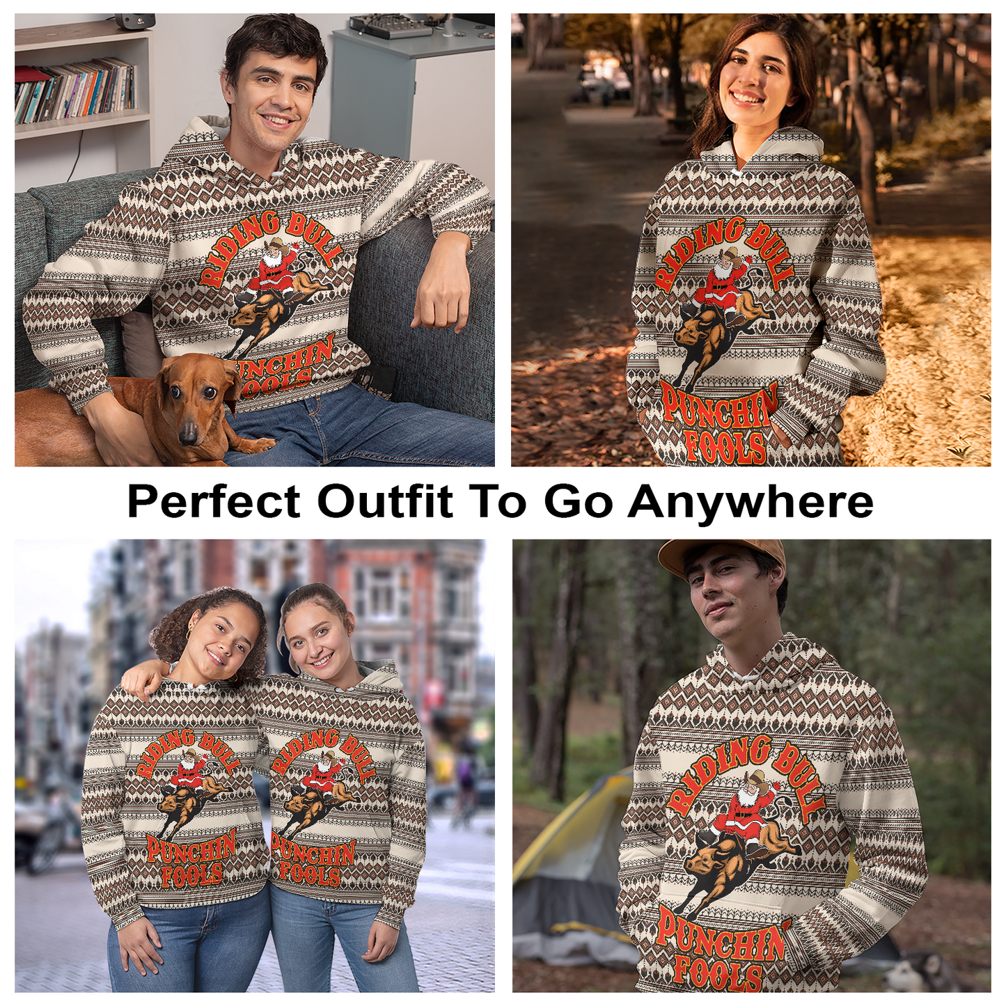 Santa Riding Bulls Pullover Premium Hoodie Punchin Fools , Perfect Outfit For Men And Women On Christmas New Year Autumn Winter