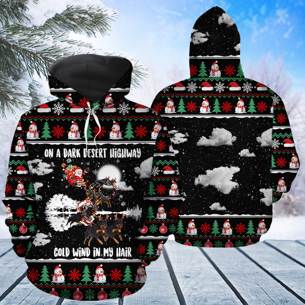 Rottweiler Santa Sleigh Pullover Premium Hoodie On A Dark Desert Highway, Perfect Outfit For Men And Women On Christmas New Year Autumn Winter