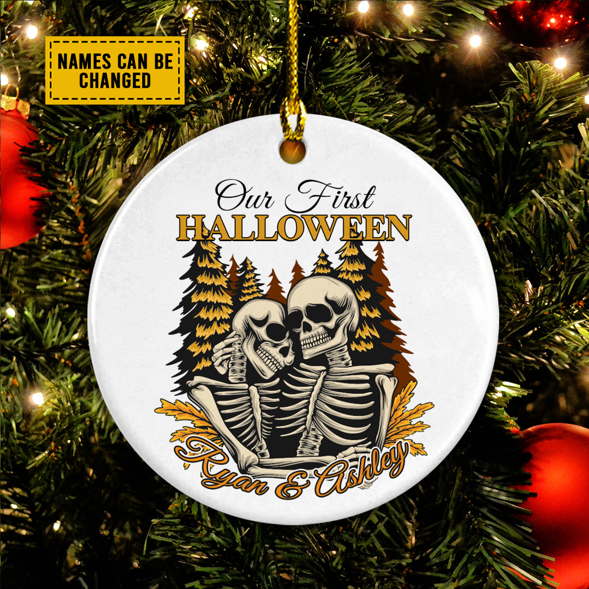 Personalized Ceramic Christmas Ornament - Custom Our First Halloween Skeleton Couple Ceramic Ornament, Perfect Gift For Couple, Halloween