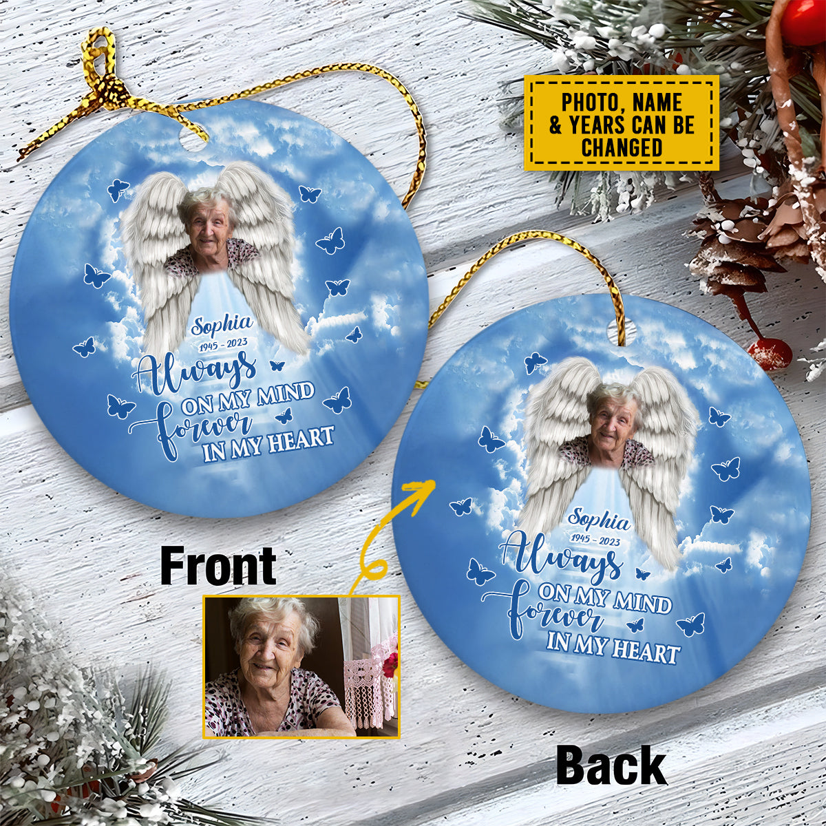 Personalized Ceramic Christmas Ornament - Custom Always On My Mind Forever In My Heart Ceramic Ornament, Memorial Gift For Family Member