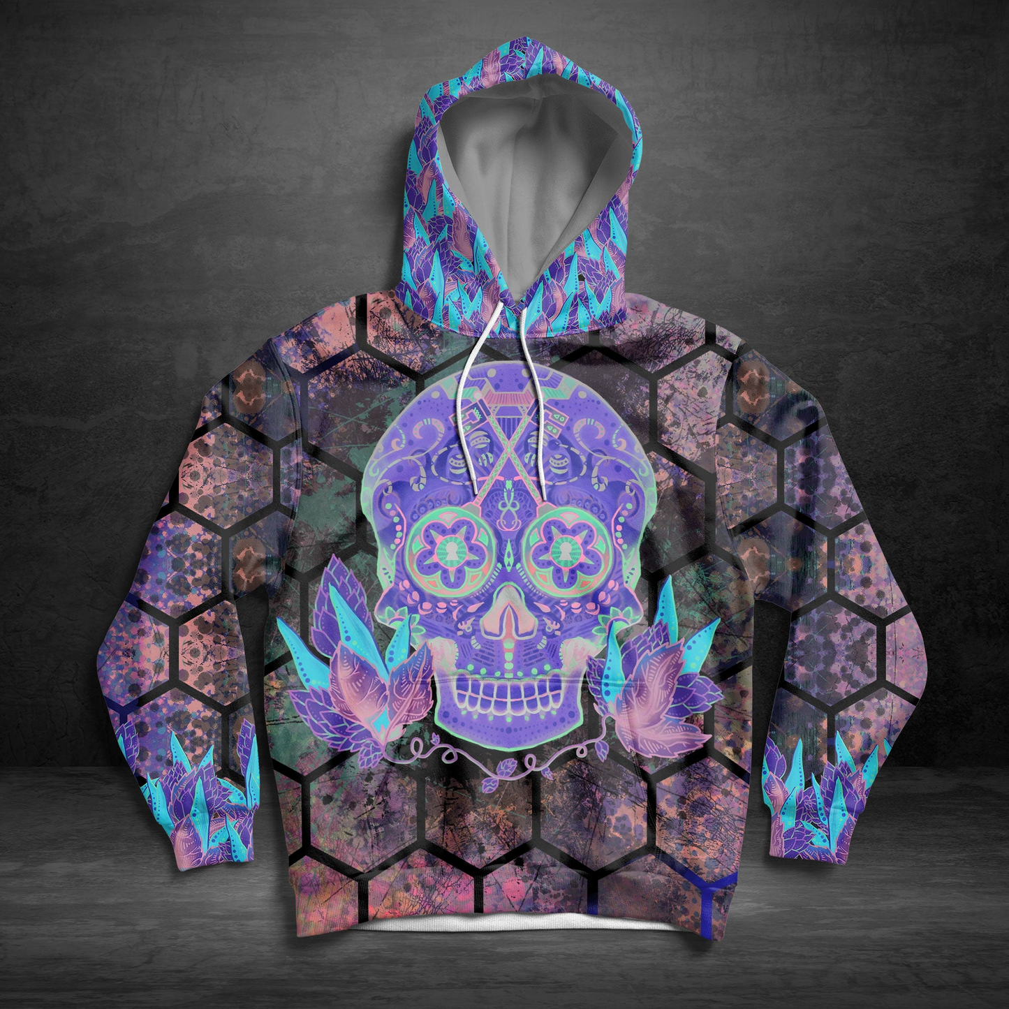 Skull Light Pullover Premium Hoodie Honeycomb Pattern, Perfect Outfit For Men And Women On Christmas New Year Autumn Winter
