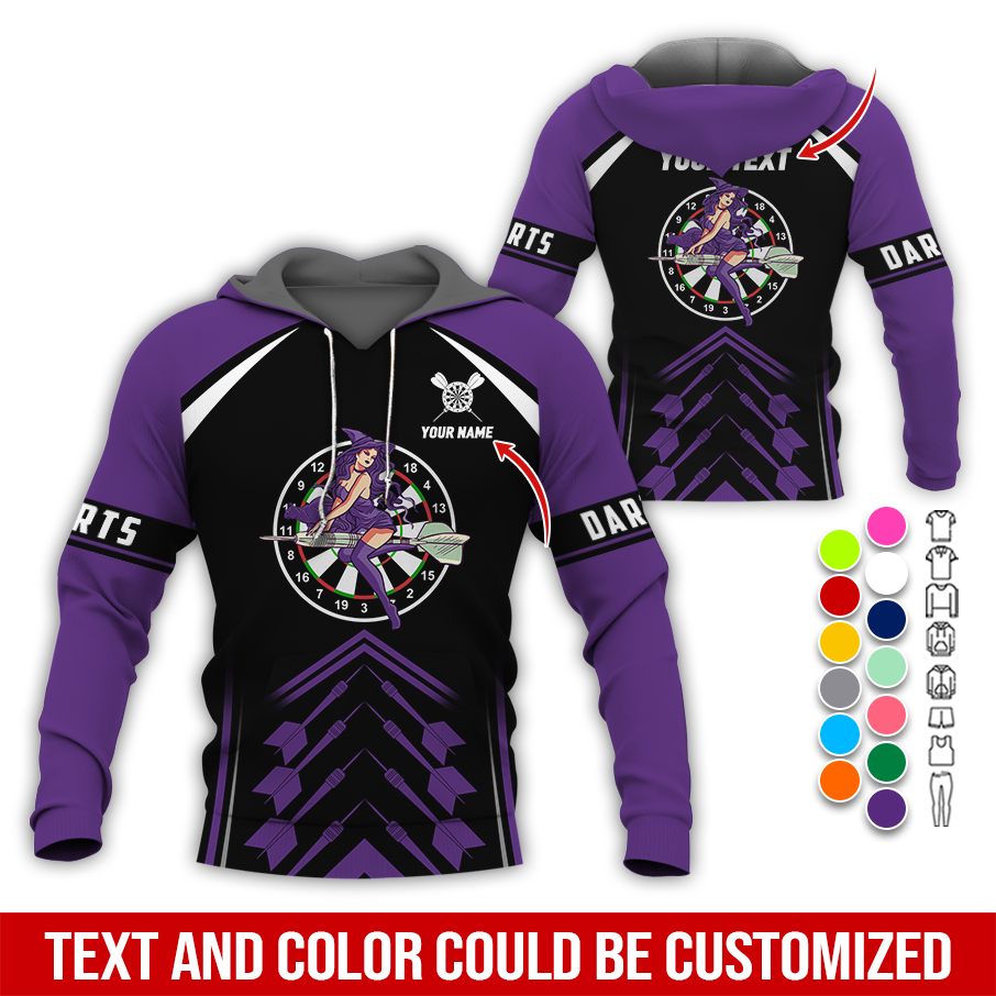 Personalized Name & Text Darts Premium Hoodie, Witch Riding Broom & Darts Hoodie, Perfect Gift For Darts Lovers, Friend, Family