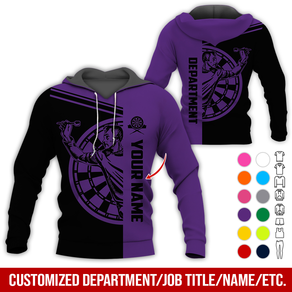 Customized Name & Department Darts Premium Hoodie, Man Playing Darts Pattern Black Hoodie, Perfect Gift For Darts Lovers, Friend, Family