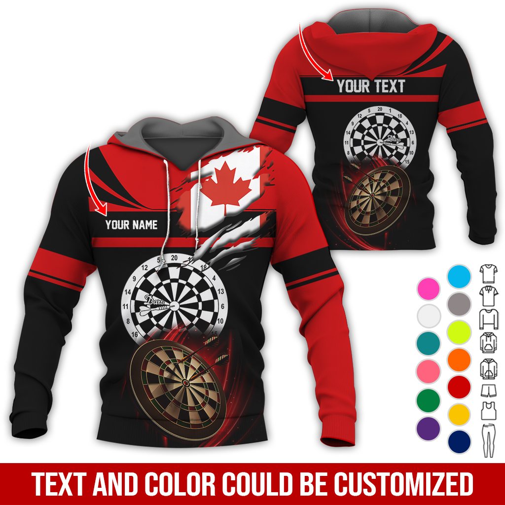 Customized Name & Text Darts Premium Hoodie, Canada Flag Pattern Darts Hoodie, Perfect Gift For Darts Lovers, Friend, Family