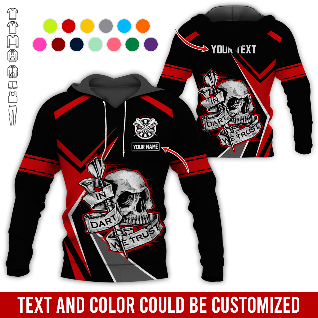 Customized Name & Text Darts Skull Premium Hoodie, In Darts We Trust Skull Pattern Colorful Hoodie, Perfect Gift For Darts Lovers, Friend, Family