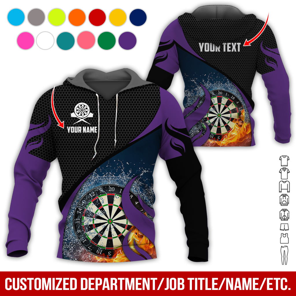 Personalized Fire & Water Darts Premium Hoodie, Customized Name & Text Darts Hoodie, Honeycomb Pattern Hoodie, Perfect Gift For Darts Lovers, Darts Player