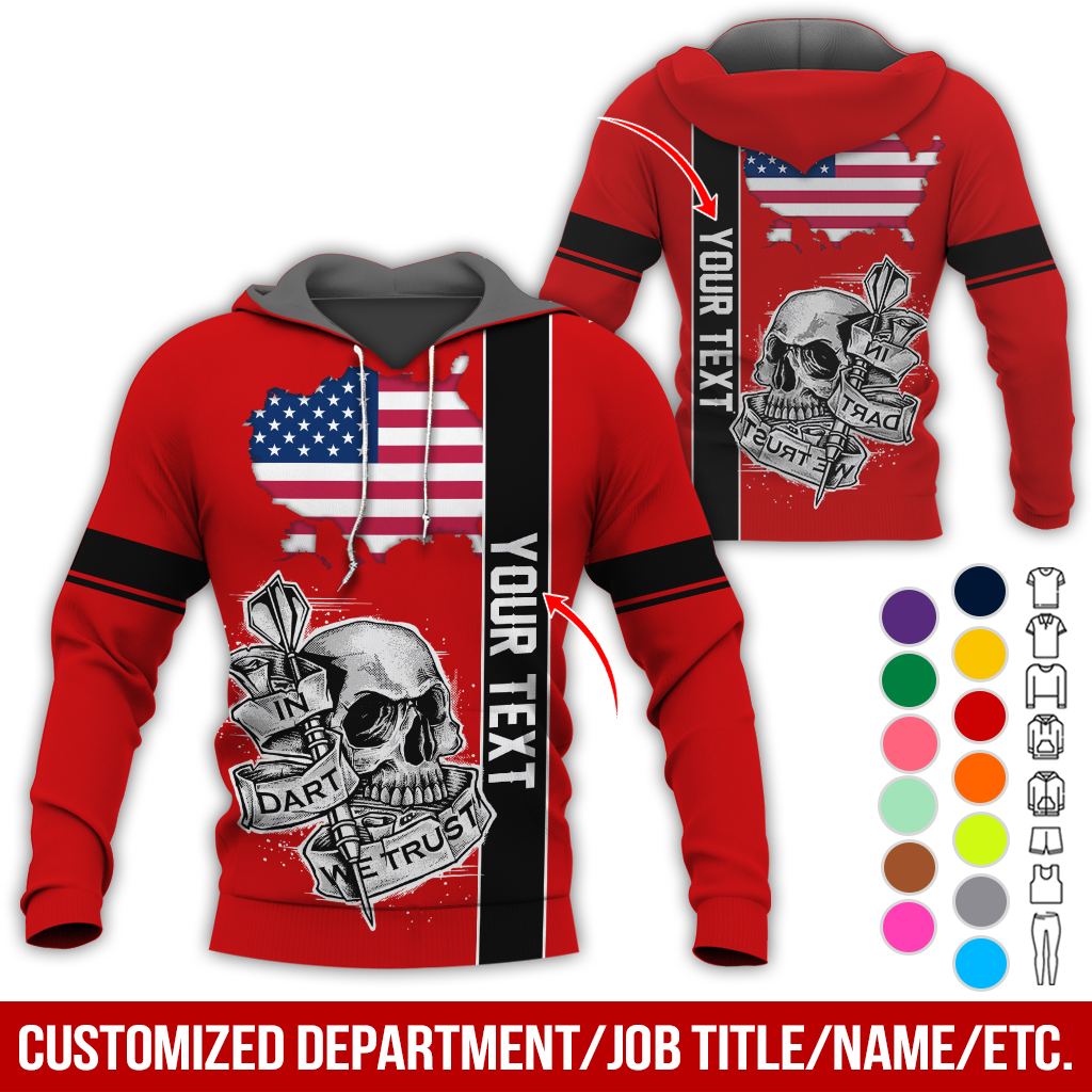 Customized Name & Text Darts Skull Premium Hoodie, In Darts We Trust Skull & American Map Pattern Hoodie, Perfect Gift For Darts Lovers, Friend, Family